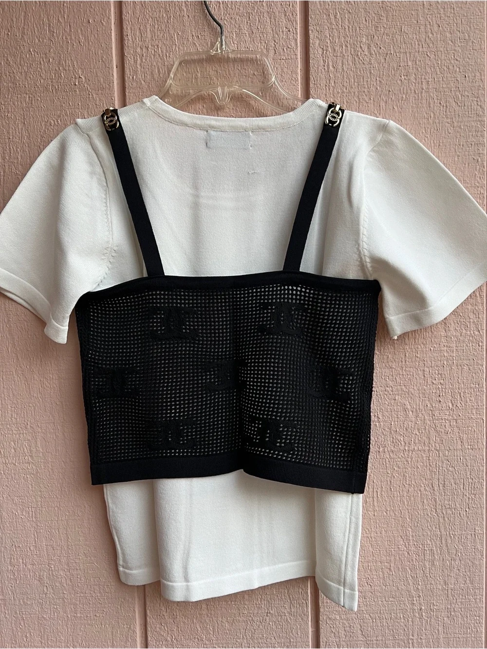 CHANEL White Knit Tee with Black Mesh Overlay Top size XS